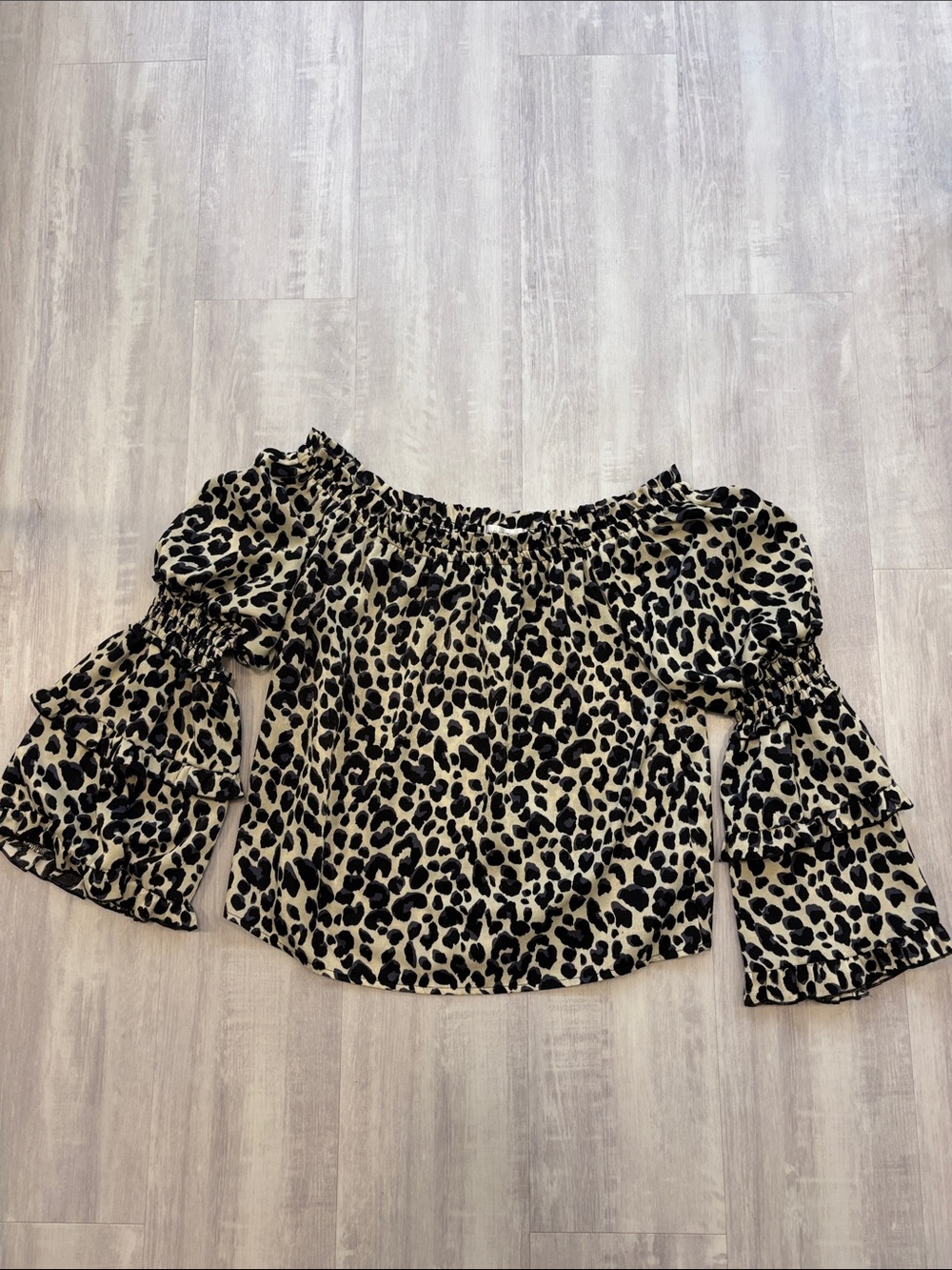 vestique Beige and Black Leopard Off-Shoulder Ruffle Sleeve Top